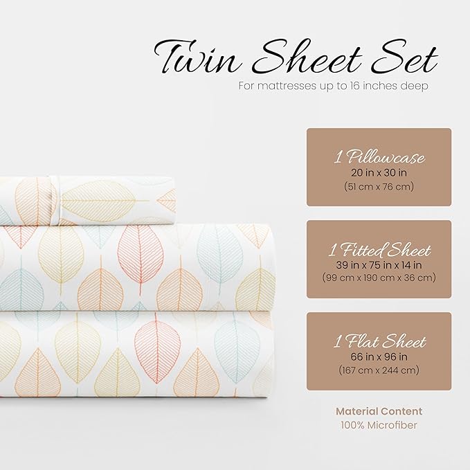 Linen Market Double-Brushed Patterned Microfiber Twin Sheet Set 3 Piece – Oeko-TEX Certified Ultra Soft & Wrinkle-Free - 16" Deep Pocket Sheets - Easy Care Twin Size - Fall Foliage Yellow