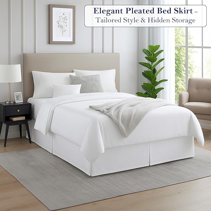Luxury Pleated Bed Skirt, 14 Inch Tailored Drop Bed Skirt, Soft Double Brushed Premium Microfiber Bed Skirt, Easy Fit Bed Skirt, Fade & Wrinkle Resistant, Box Pleated Full Size Bedskirts - White