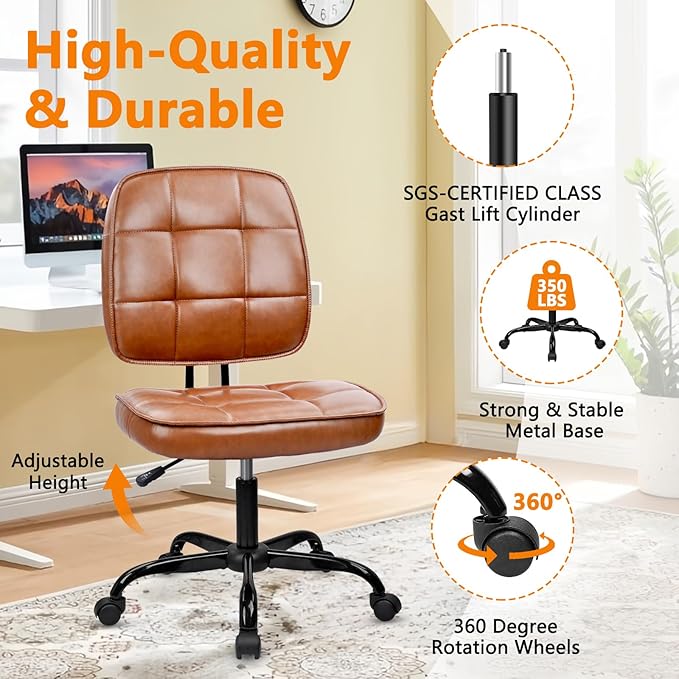 CLATINA Armless Home Office Chair with Lumbar Support and Wheels, Small PU Leather Ergonomic Low Back Desk Chairs No Arms, Adjustable Height 360° Swivel Rolling Computer Task Chair, Brown, 4 Pack