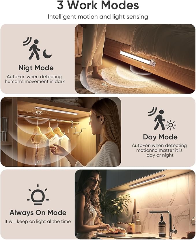 Under Cabinet Lighting Wireless, Rechargeable 62 LED Motion Sensor Light Indoor, 3 Color Temps Closet Lights with Remote Control, Dimmable Magnetic Under Counter Lights for Kitchen, Stairs, 4 Pack