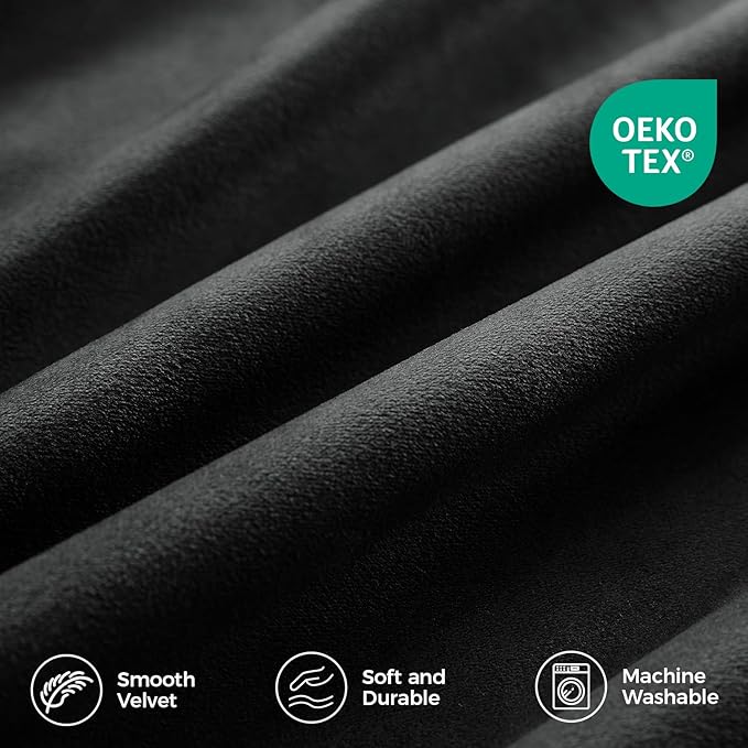 Pinch Pleated 100% Blackout Curtains for Bedroom, Black Velvet Curtains for Living Room, Black Out Curtain 96 inch Long Room Darkening, Blackout Pinch Pleat Drapes with Hooks 2 Panels