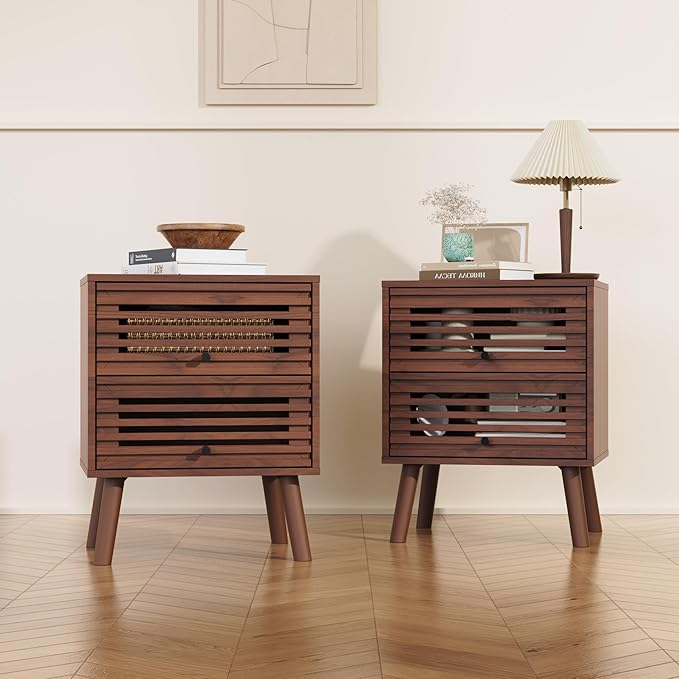 Nightstand Set of 2, Side Table, End Table, Mid Century Modern Nightstand with Hollowed Drawers, Bedside Tables, Small Nightstands with Storage for Bedroom, Walnut