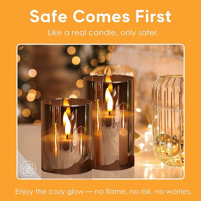 Eywamage Smoke Grey Glass Flameless Pillar Candles with Remote, Flickering LED Battery Candles Table Decor Set of 3