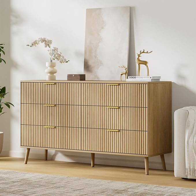 LYNSOM 55" Wide Fluted Dresser for Bedroom with 6 Drawer, Modern Chest of Drawers with Curved Profile Design and Metal Handles, Wood Dresser TV Stand & Storage Organizer for Living Room, Oak