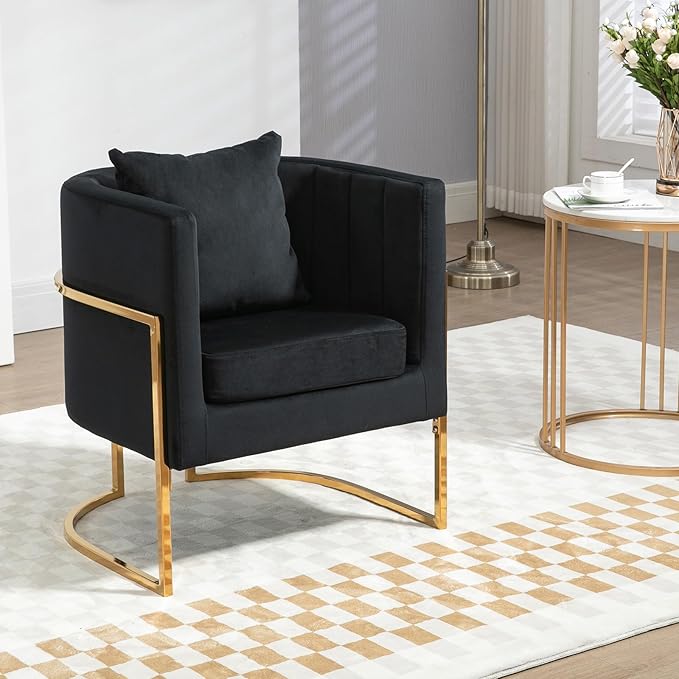 Velvet Modern Accent Chair, Upholstered Barrel Armchair Mid Century with Pillow for Living Room, Comfy Single Vanity Chair with Metal Gold Legs for Bedroom, Black