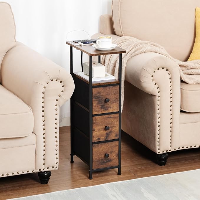LOAKEKEL Narrow End Table Living Room with Charging Station, Skinny Side Table with Fabric Drawers, Slim Nightstand for Bedroom, Small Spaces, Couch, Brown, HETNDP03BR-1