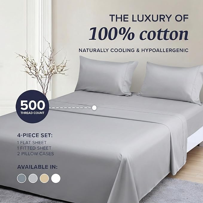 Beckham Hotel Collection Queen Sheet Set 100% Cotton, 500TC Luxury Sateen Bedding, 16” Deep Pocket, Moisture-Wicking, 4-Piece, Gray