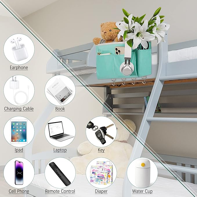 Bedside Storage Organizer 5 Pockets with 4 Hooks Hanging Storage Bag for Headboards/Bunk Bed (Light Green)