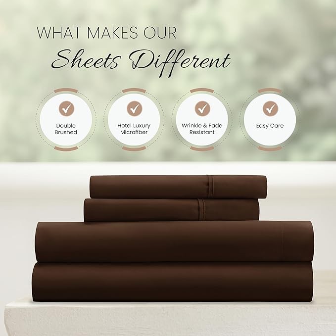 Linen Market Brushed Microfiber Queen Sheet Set 4 Piece – Oeko-TEX Certified Ultra Soft & Wrinkle-Free - 16" Deep Pocket Sheets - Easy Care Queen Size - Chocolate