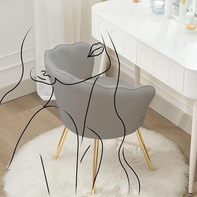 Velvet Vanity Chair with Back, Mid-Century Modern Small Accent Chair for Living Room, Golden Metal Legs Upholstered Makeup Chair, 1Pcs Bedroom Armchair, Grey