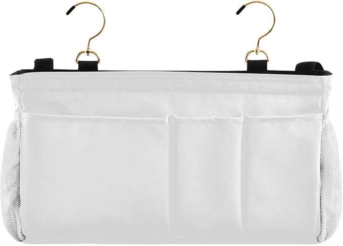 KOPIRIT White Bedside Caddy Storage Bag Bedside Organizer for Bunk Bed Headboards College Hanging Storage Organizer 6 Pockets with Hooks for Drinks Magazine Phone Holder
