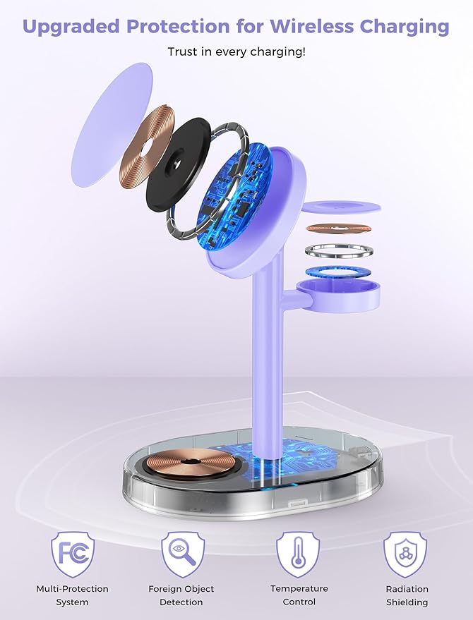 2025 3 in 1 Wireless Charging Station for Apple MagSafe Charger, 15W Fast Magnetic Mag-Safe Charger Stand for iPhone 17 16 15 14 13 12 Apple Watch AirPods Compatible with MagSafe, Purple