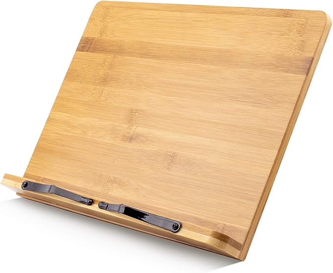 Large A+ (15.4 x 11) Inch XL Bamboo Book Stands & Holders for Reading Hands Free in Bed,Cookbook,Textbook,Law,with 6 Adjustable Height Document Stand