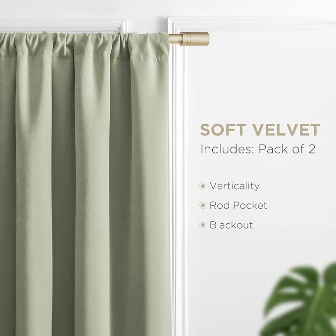 Joydeco Sage Green Velvet Curtains 108 Inches 2 Panels,Luxury Thermal Insulated Soft Green Curtains for Bedroom & Living Room, Room Darkening Velvet Drapes, Rod Pocket (52W x 108L)