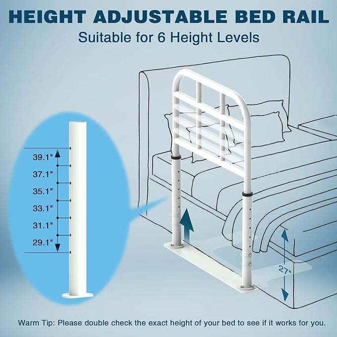 THOOUM Bed Rail for Elderly Adults Safety, Heavy Duty Bed Rail with 6 Adjutsable Heights, Bed Assist Rail for Seniors, Twin, Queen, King Size Bed (400 LBS Loading, White)
