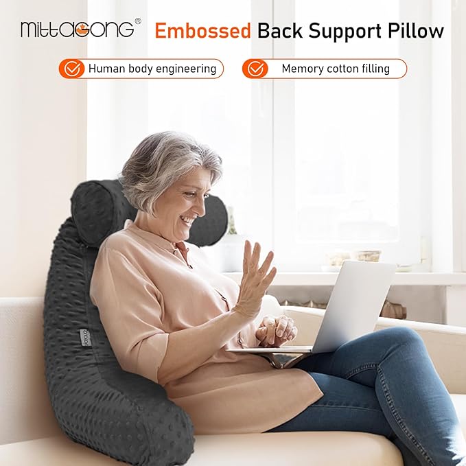 Reading Pillow for Sitting in Bed, Extra Large Backrest Support Cushion with Arms, Sit up Back Pillow Shredded Memory Foam back support Chair Pillow, Bed Rest Pillows with pocket, Detachable Neck Roll