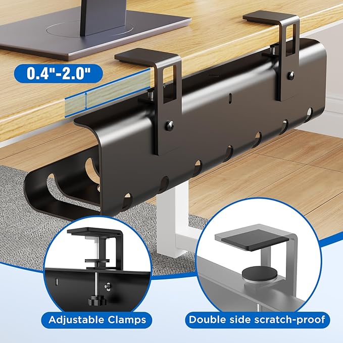 Under Desk Cable Management Tray No-Drill 2 Pack 16.9‘’ Wire Cord Organizers, Cable Management Under Desk for Home and Office No Damage Black