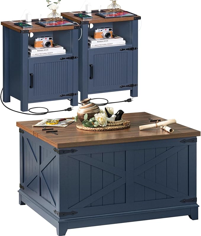 Joaxswe Night Stand Set of 2, 18 Inch Farmhouse Nightstand with with Charging Station and USB Port, Rustic Couch End Table with Magnetic Door, Wood Bed Side Tables for Bedroom, Home, Navy Blue