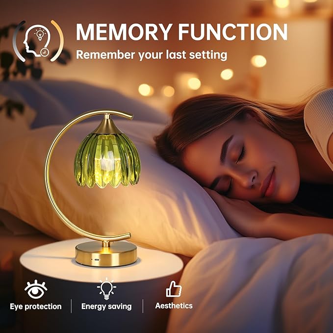 Tulip Table Lamp with 5200mAh Battery & Touch Control, Cordless Lamp with 3 Color Temperatures Clear Bulb, Rechargeable Small Table Lamps for Living Room, Bedside, Nightstand (Green Tulip)
