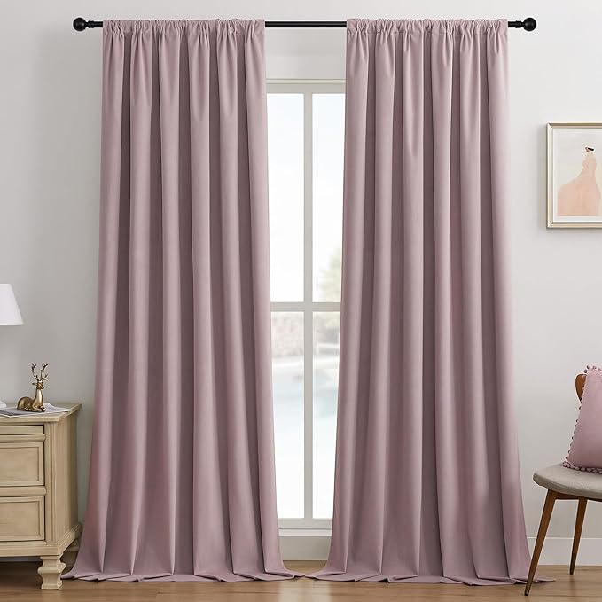 Joydeco Rose Pink 100% Blackout Curtains 90 Inch 2 Panels, Luxury Thermal Pink Velvet Curtains for Bedroom Living Room, Soundproof Blackout Window Drapes, Rod Pocket & Back Tab (52W x 90L)