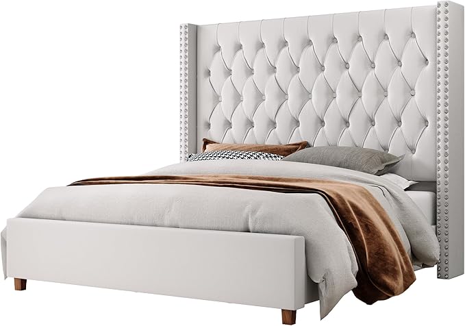 Jocisland Queen Size Bed Frame with 61.4" Tall Headboard, Velvet Upholstered Wingback Platform Design, Handcrafted Pleats& Deep Button Tufted, Solid Wood Legs, No Box Spring Needed, Cream