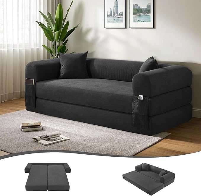 80" Convertible Sofa Bed, 3-in-1 Corduroy Folding Pull Out Couch with Pillows, No Assembly Modern Boneless Couch Compression Sofa in Box, Floor Sofa with Side Storage Pocket for Living Room,Dark Grey