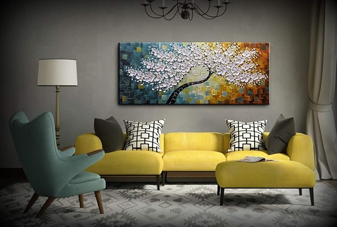 YaSheng Art - 100% Hand Painted Contemporary Art Oil Painting On Canvas Texture White 3D Flower Paintings Modern Home Bedroom Living Room Wall Decor Abstract Art Paintings 24x60inch