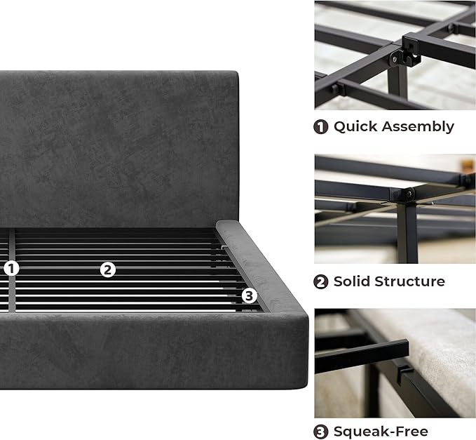 RECCI Cloud Queen Bed Frame with Ergonomic Angled Foam Cushioned Headboard, Minimalist Design Platform Bed Frame, No Box Spring Needed, Easy Assembly (Moon Grey)
