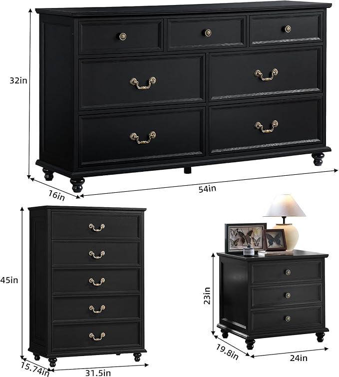 24" Wide Farmhouse Nightstand Set of 2, 54" 7 Drawers Dresser, 45" Tall Rustic Chests of 5 Drawers w/ 4 Solid Wood Feet, Farmhouse Furniture Series for Living Room,Bedroom,Black