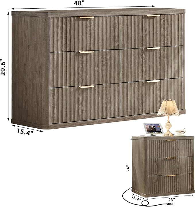 LEYAOYAO Fluted Dresser and Nightstand Sets, Wood 48" Wide Dresser & 23" Night Stand with Charging Station, 2 Piece Bedroom Furniture Set, Chest of Drawers for Bedroom, Home, Living Room, Grey