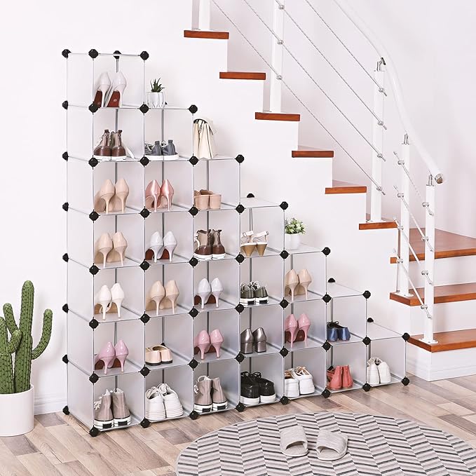 SONGMICS Shoe Rack with 32 Cubes, Interlocking Plastic Shoe Organizer, DIY Storage Cabinet for Closet Entryway Bedroom Garage, Space Saving Design, 13.9 x 35.1 x 54.5 Inches, Transparent ULPC48S