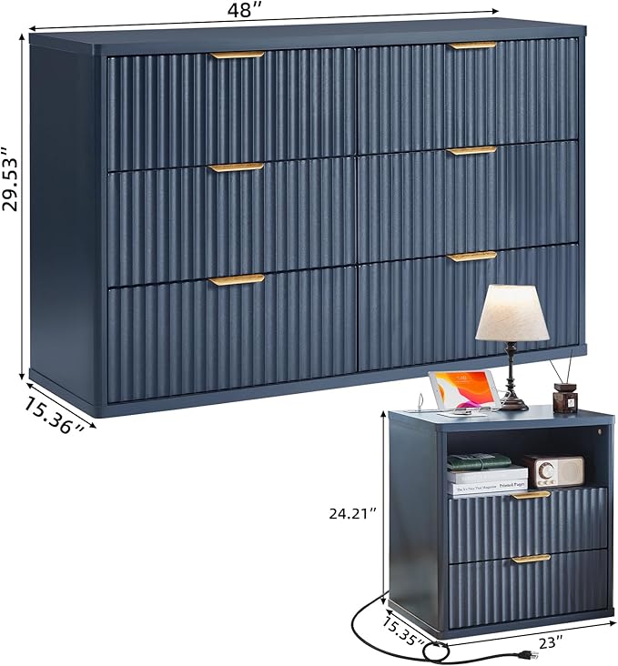 LEYAOYAO 48" Wide Fluted Dresser and 2 Drawers 23" Nightstand Set of 2, Wooden Dresser & Night Stand with Charging Station, 3 Piece Bedroom Furniture Set, Chest of Drawer for Living Room,Blue