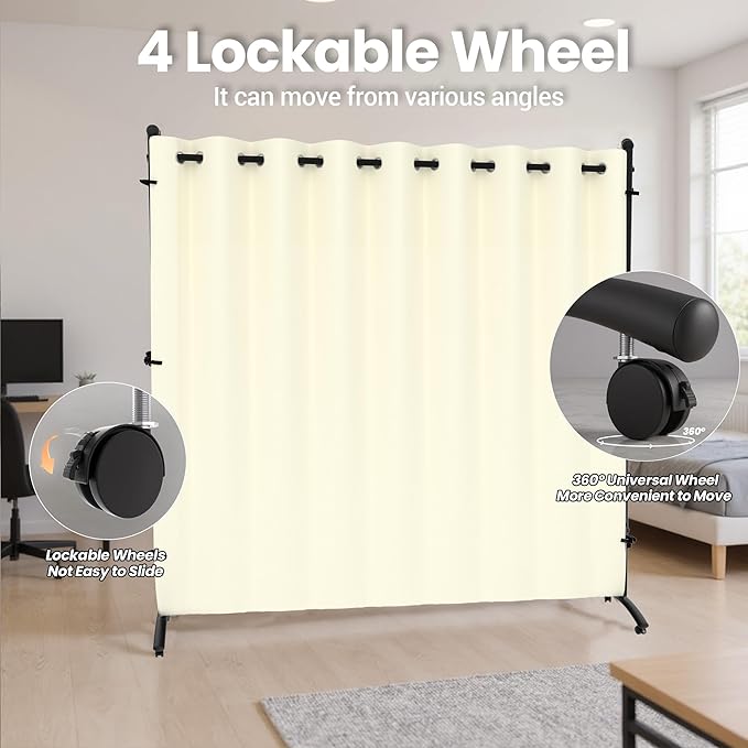 Room Divider, Curtain Privacy Screen with 360°Lockable Wheels 6FT Portable Room Divider Panel Freestanding Partition Divider Screen for Separator Wall Divider Bedroom Office (White)