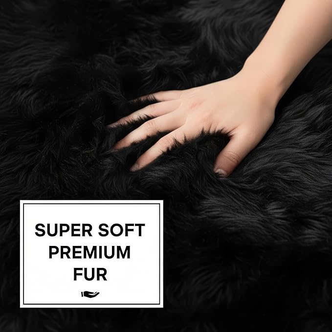 Super Area Rugs Black Sheepskin Rug Genuine Single 2x3ft Pelt Fluffy Fur Seat Cushion and Chair Cover