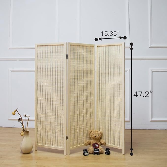 3 Panel Short Room Divider Screen,Beige Freestanding Partition,Small Bamboo Panel Divider for Room Seperation,3.95 FT Tall