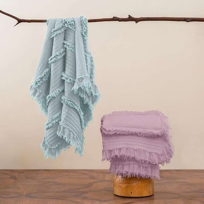 Ultra Soft Pre-Washed Quilted Boho Blue Green King Size Blankets for Bed, Ruffle Fringed Decorative Throw, Stone Washed Chic Rustic Blanket for Sofa Couch Bed, 104"*90"