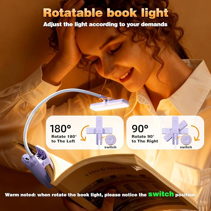 VAVOFO Rechargeable Book Light Rotatable：24 LEDs Reading Light, 3-Color & 9-Brightness Book Lamp, Eye Cared 120Hrs Runtime Lightweight Clip on Led Light for Book Lovers (Purple)