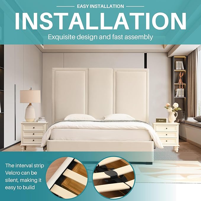 YUHUASHI Queen Size Bed Frame with 64-inch High Headboard, Simple and Airy Linen Upholstered Platform Bed with Storage Drawers, Wood Slat, No Noise (Beige, Queen)