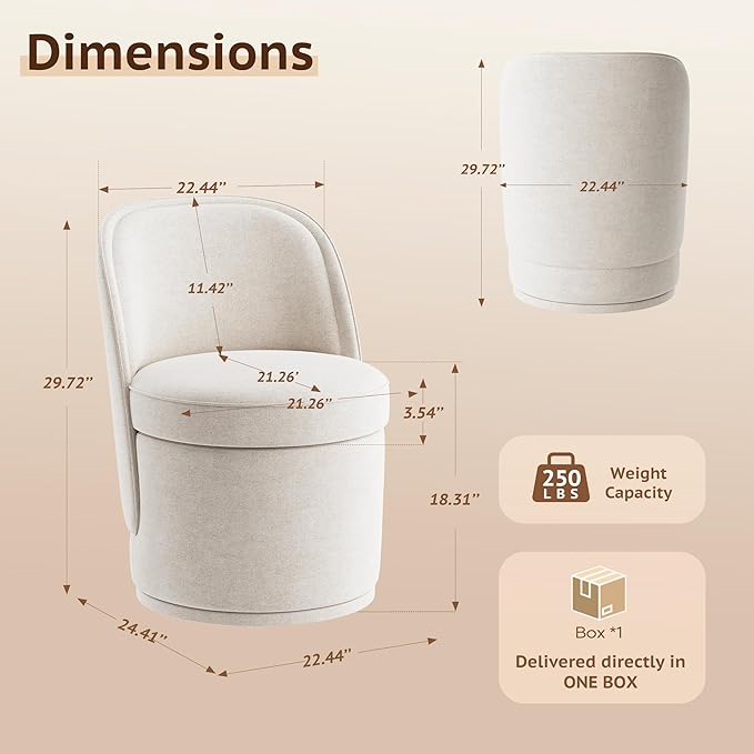 Swivel Accent Chair, 360° Swivel Chair with Hidden Storage, Vanity Chairs, Modern Small Barrel Swivel Armchair for Living Room/Bedroom, Beige