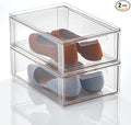 mDesign Plastic Storage Box with Drawer – Low Plastic Shoe Storage Bin – Stackable Box for Accessories etc. – Pack of 2 – Transparent