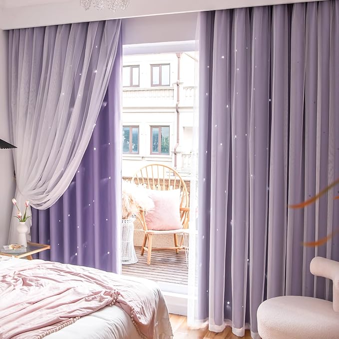 Star Double Layer Blackout Curtains for Bedroom, Kids - Cute, 72 Inch Long, 2 Panels Set, Purple, 42 x 72 Inches
