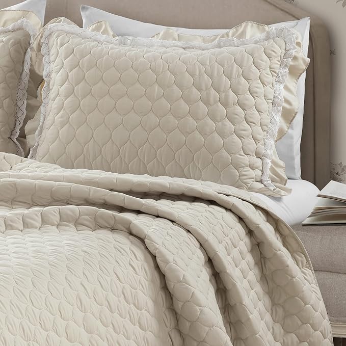 Lush Decor Ella Ruffle Lace Quilt, 3 Piece Set, King, Neutral, Cute Quilt - King Bedding Set - Beige Bedding - Coquette Decor - Neutral Ruffle Trim - Beige Lace Trim