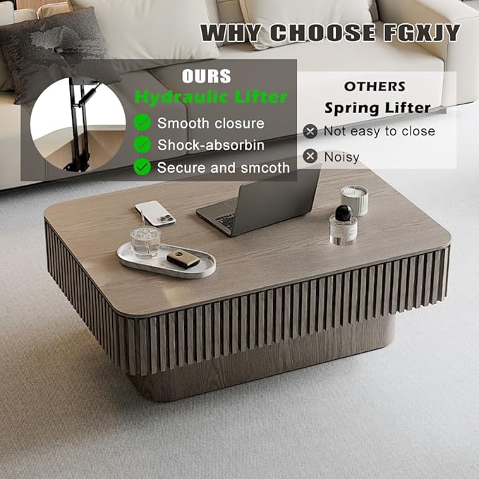 Lift Coffee Table with Storage & Adjustable Height, Rectangle Solid Wood Coffee Table Fluted Center Table Accent Tea Table or Living Room, Apartment, Office (38.6" Grey)