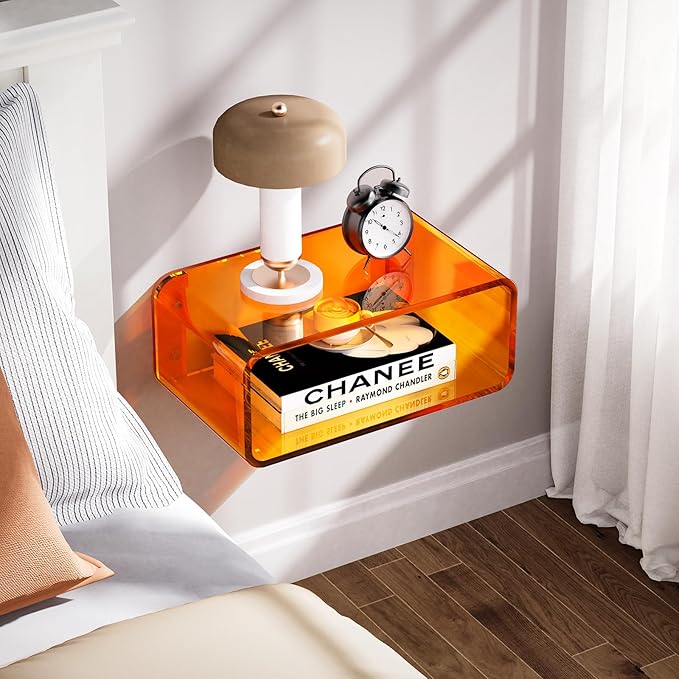 Acrylic Floating Nightstand, Bedside Table, Nightstand Shelf Wall Mounted Bedside Shelf (Orange, Small)
