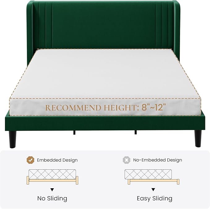 SHA CERLIN King Size Velvet Upholstered Platform Bed Frame with Vertical Channel Tufted Wingback Headboard, Wooden Slats Support, Easy Assembly, Under Bed Storage, No Box Spring Required, Green