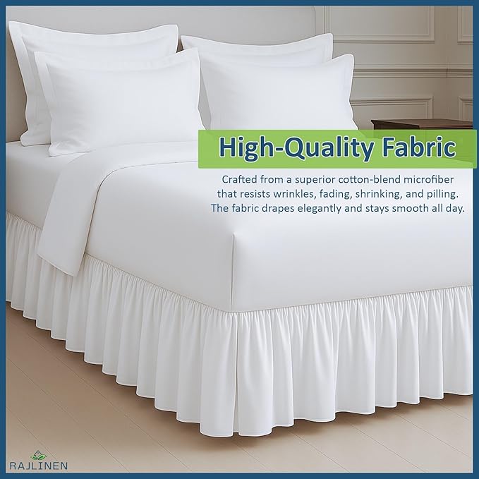 Rajlinen Ruffled Bed Skirt Twin, 16 Inch Drop Dust Ruffle with Split Corners, 100% Microfiber Bedskirt with Platform, Three-Sided Coverage Ruffled Gathering Design, White