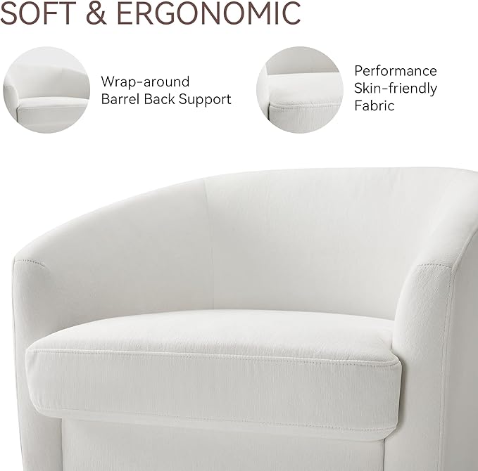 Swivel Barrel Accent Chair, Round Chenille Fabric Living Room Arm Chairs, Modern Upholstered Comfty Reading Nook Chairs for Bedroom, Small Club Armchair, Single Sofa Side Chair, White