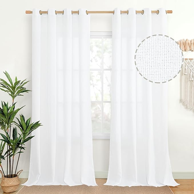 YoungsTex White Linen Curtains 102 Inches Long for Living Room Light Filtering Floor Length Drapes with Bronze Grommet for Bedroom Dining Room Country, 52 x 102 Inch, 2 Panels