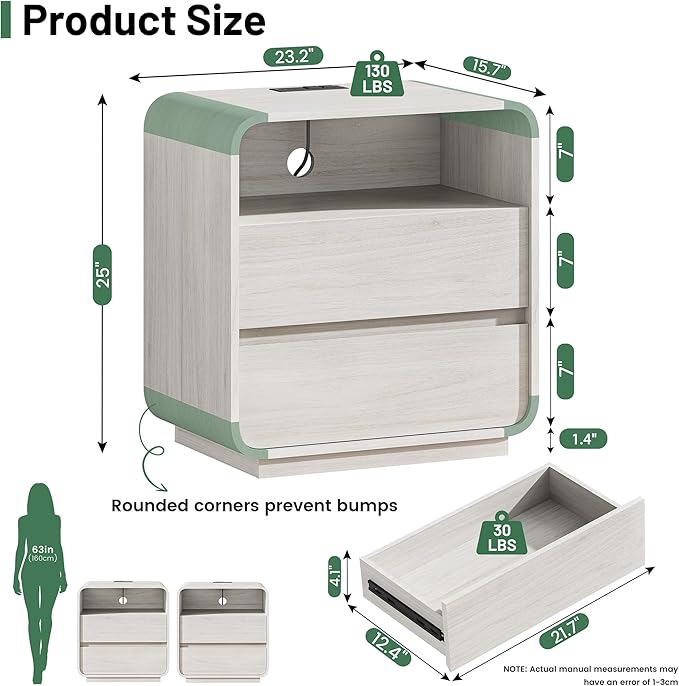Farmhouse White Nightstand with Charging Station, 25" Tall Wood Bedside Table, Modern Night Stand with 2 Storage Drawers, Curved Profile, End Table for Bedroom, Dorm, Sofa, Office