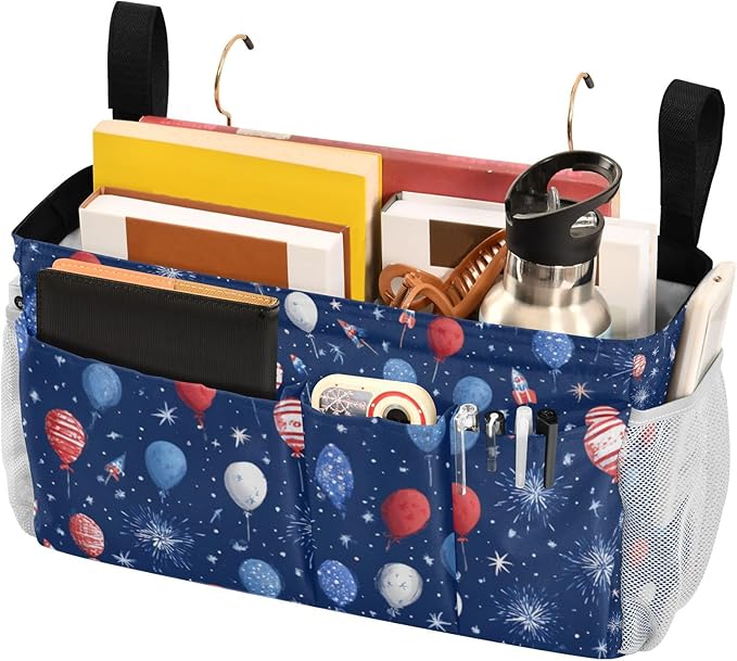 Bedside Caddy Hanging Bunk Bed Caddy Bed Organizer Hanging Pocket with 2 Hooks Bedside Storage Organizer Pocket Bag Holder Navy Blue Patriotic Balloons Fireworks